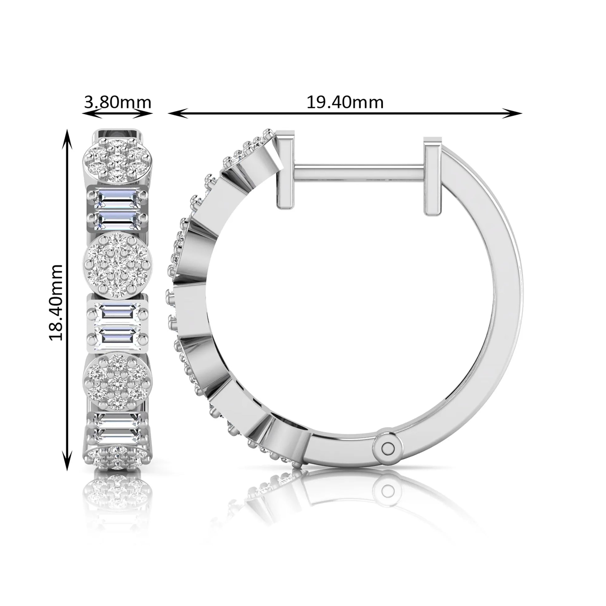 Lab grown diamond huggie hoop earrings featuring alternating baguette cut and round brilliant diamonds with pavé diamond detailing on a white gold hinged hoop.
