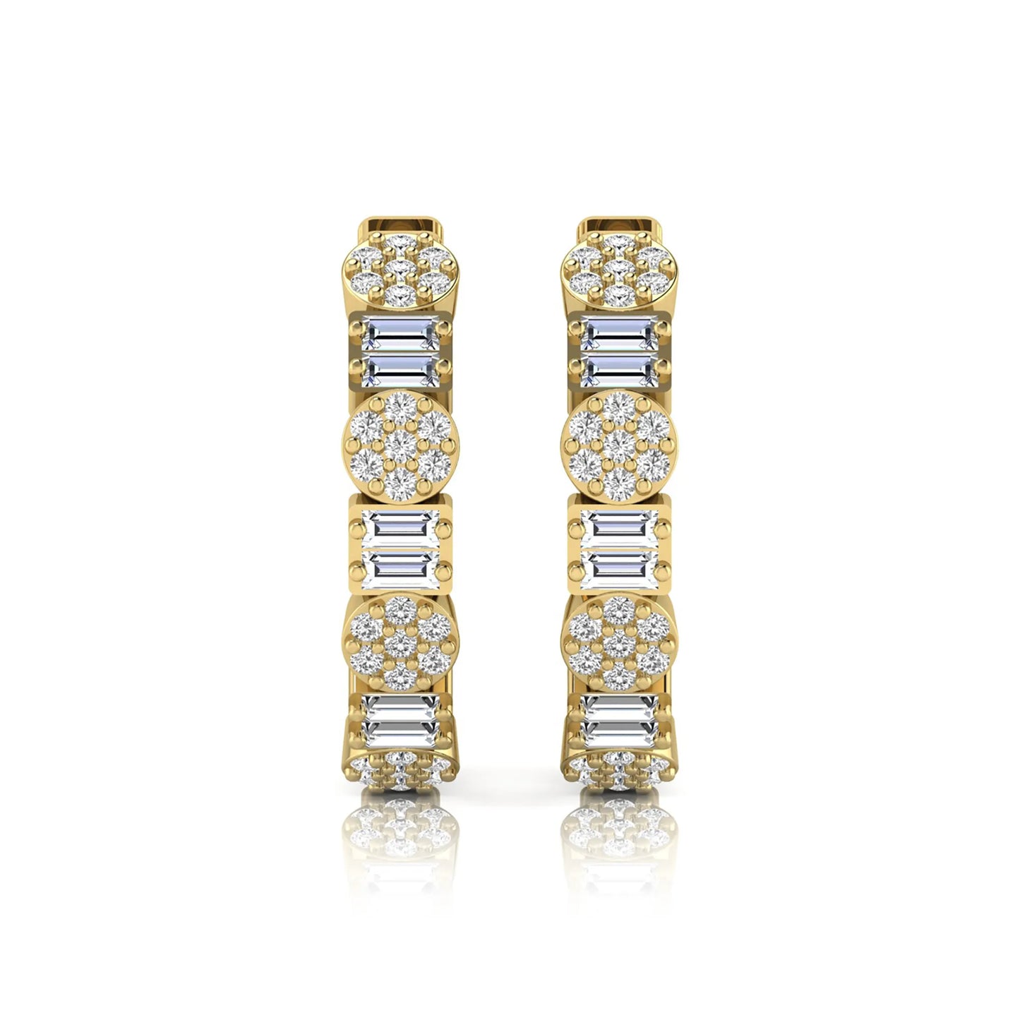 Lab grown diamond huggie hoop earrings featuring alternating baguette cut and round brilliant diamonds with pavé diamond detailing on a yellow gold hinged hoop.