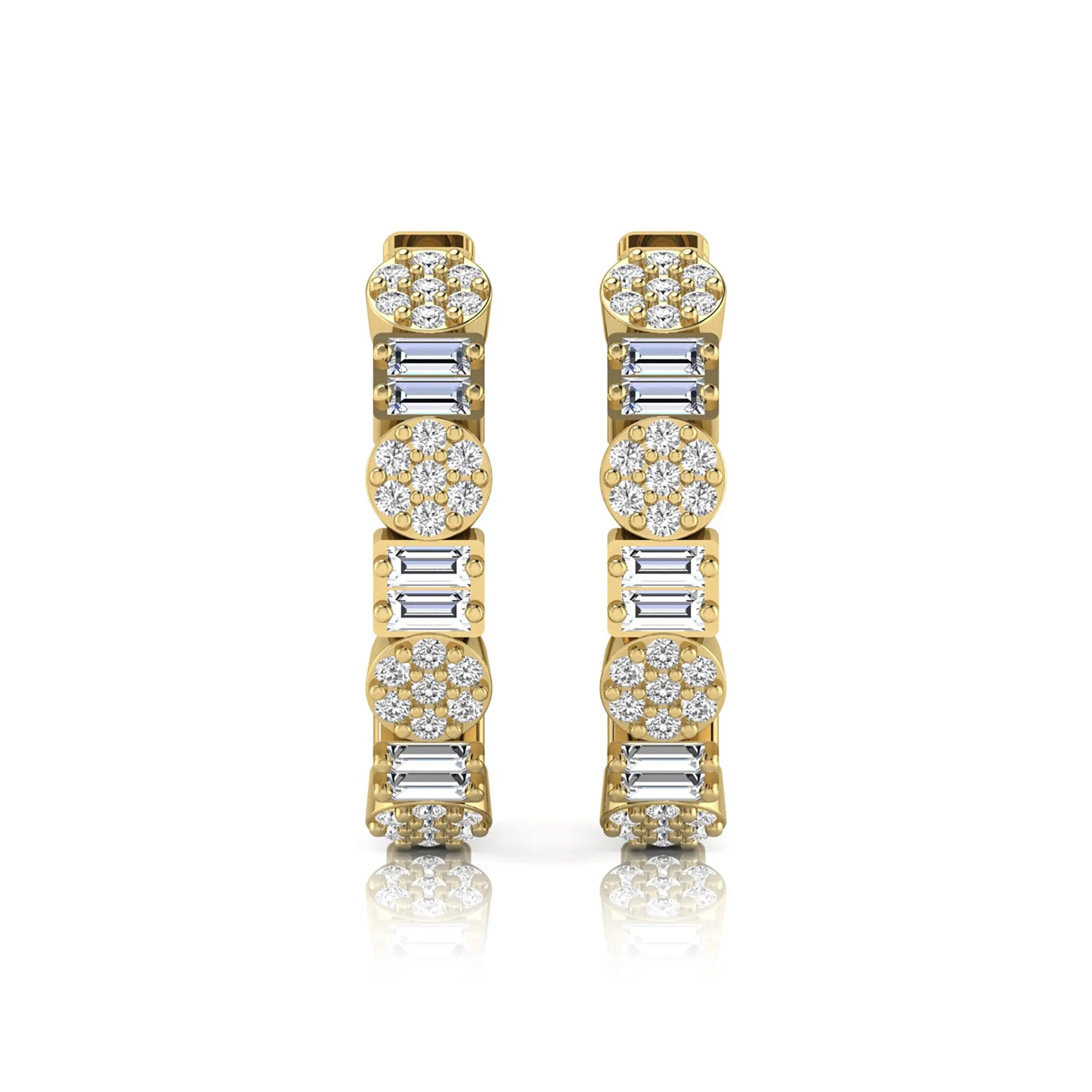 Lab grown diamond huggie hoop earrings featuring alternating baguette cut and round brilliant diamonds with pavé diamond detailing on a yellow gold hinged hoop.