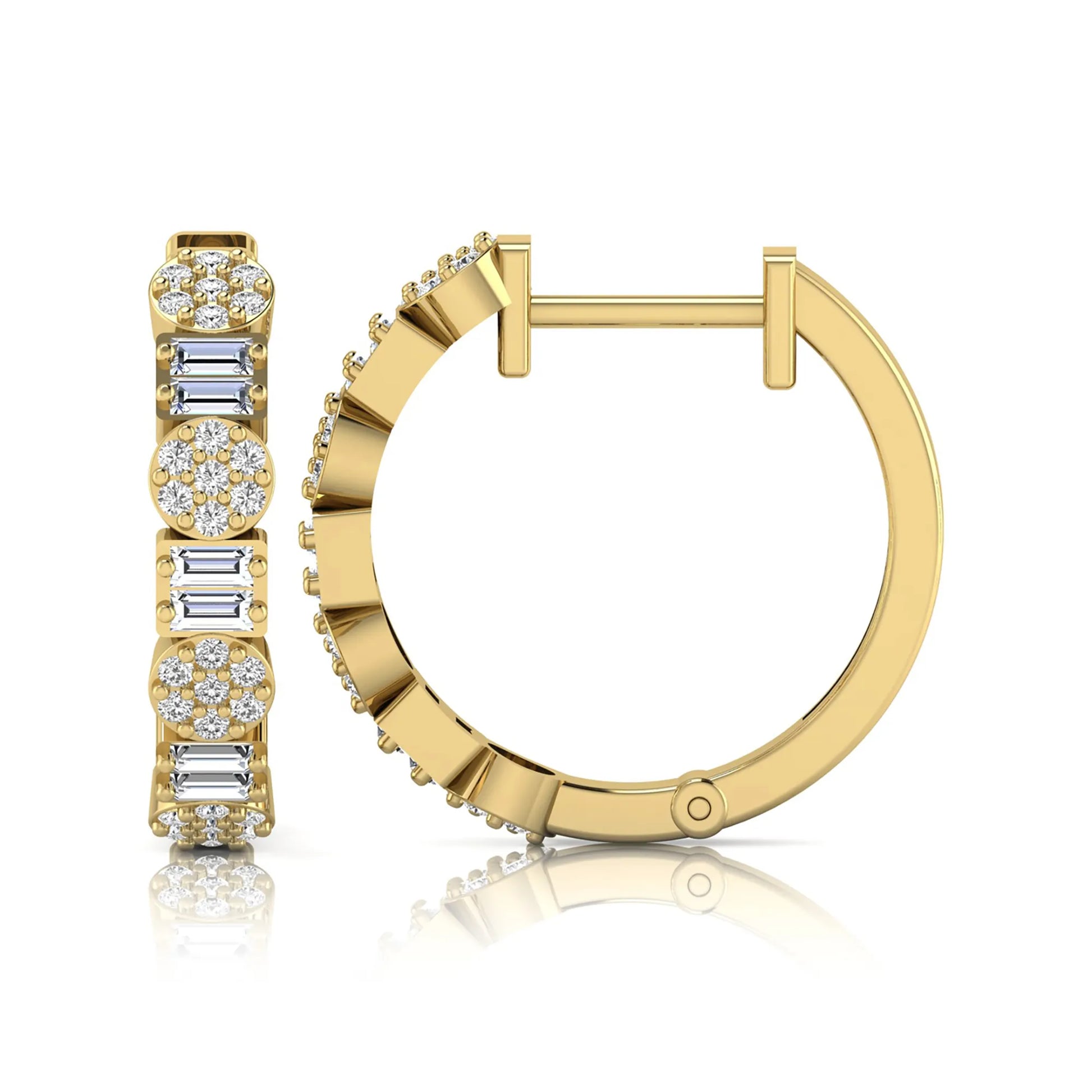 Lab grown diamond huggie hoop earrings featuring alternating baguette cut and round brilliant diamonds with pavé diamond detailing on a yellow gold hinged hoop.