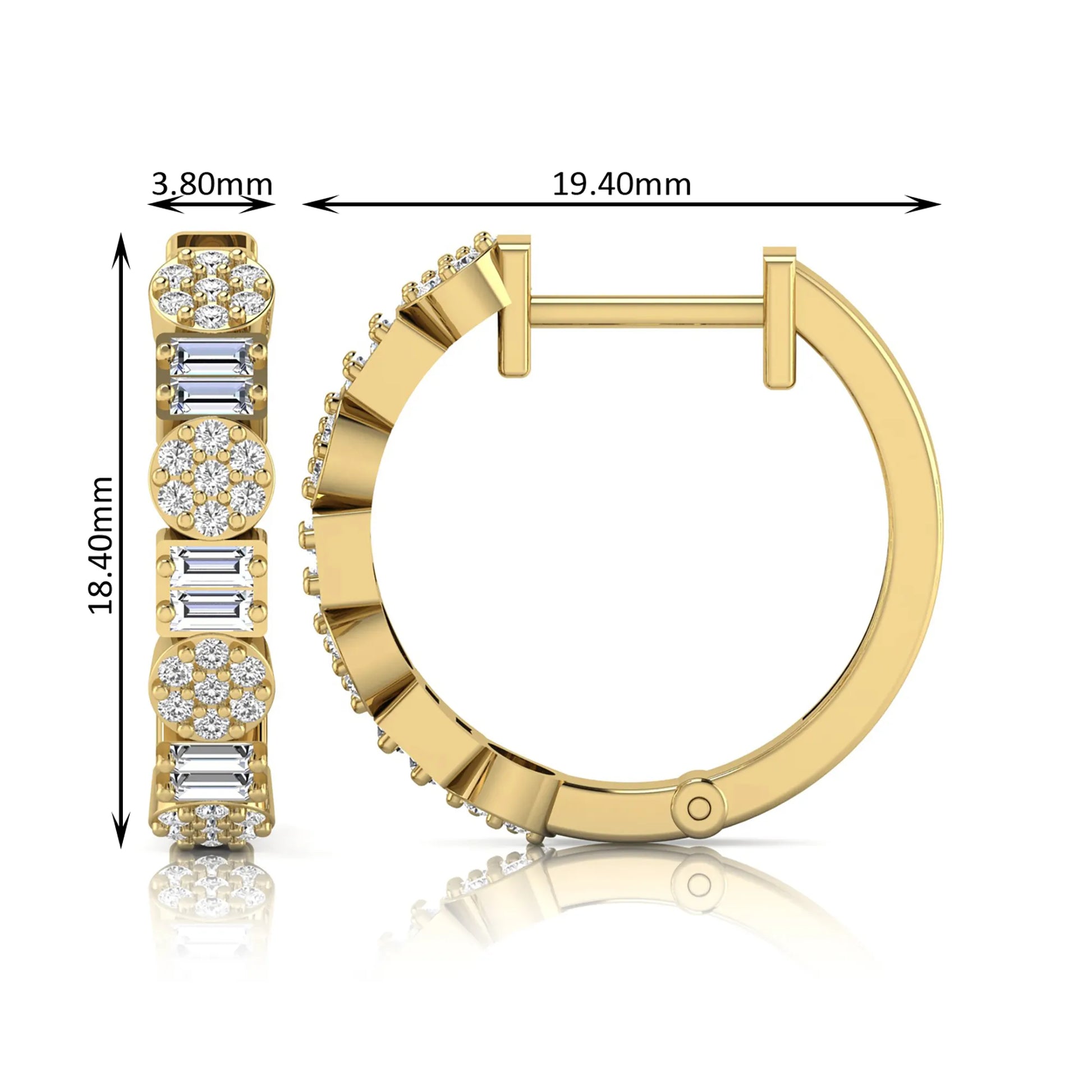 Lab grown diamond huggie hoop earrings featuring alternating baguette cut and round brilliant diamonds with pavé diamond detailing on a yellow gold hinged hoop.
