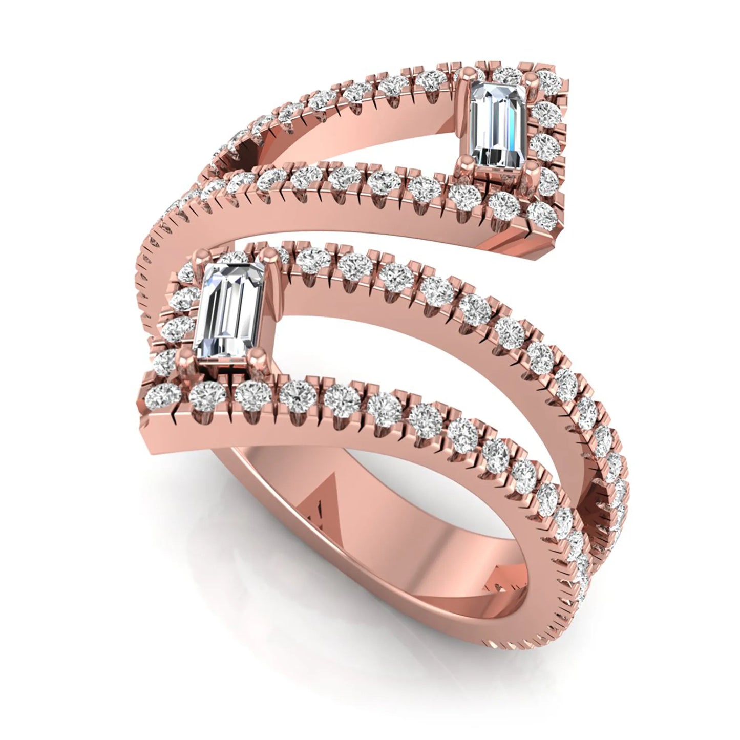 Baguette and round lab grown diamond open wrap crossover ring featuring 1.02 carats of diamonds in rose gold.