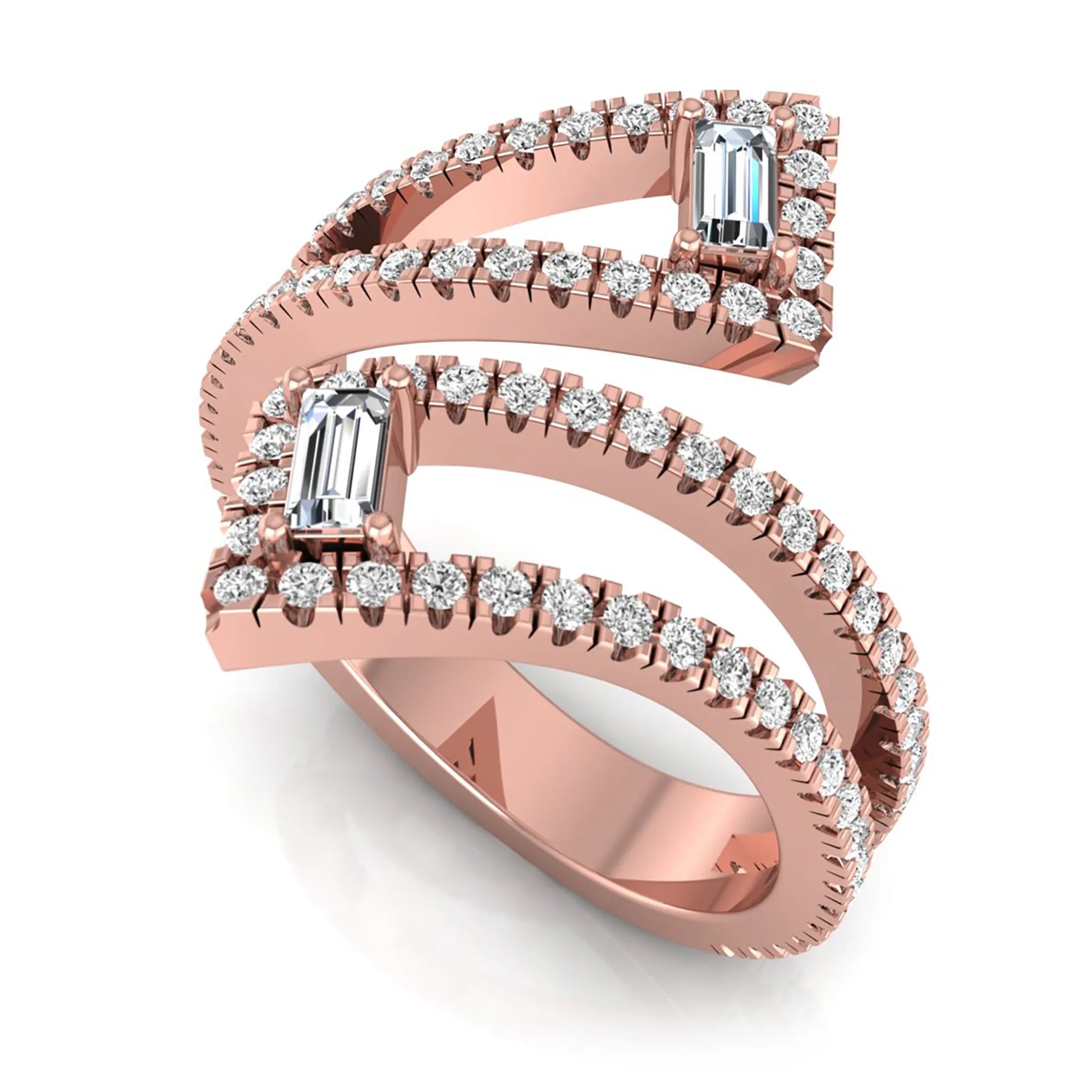 Baguette and round lab grown diamond open wrap crossover ring featuring 1.02 carats of diamonds in rose gold.