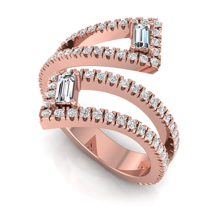Baguette and round lab grown diamond open wrap crossover ring featuring 1.02 carats of diamonds in rose gold.