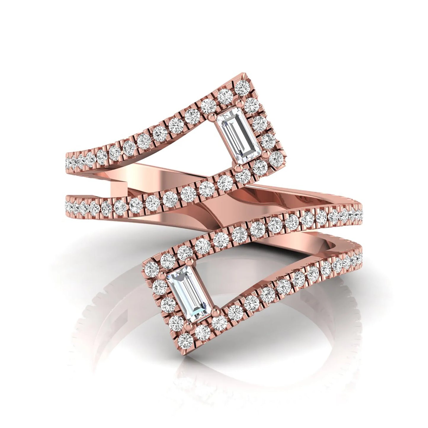 Baguette and round lab grown diamond open wrap crossover ring featuring 1.02 carats of diamonds in rose gold.