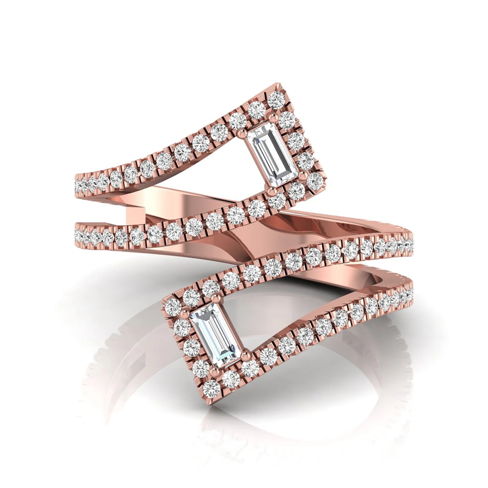 Baguette and round lab grown diamond open wrap crossover ring featuring 1.02 carats of diamonds in rose gold.