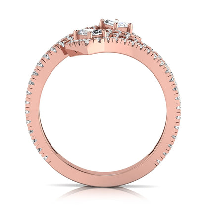 Baguette and round lab grown diamond open wrap crossover ring featuring 1.02 carats of diamonds in rose gold.