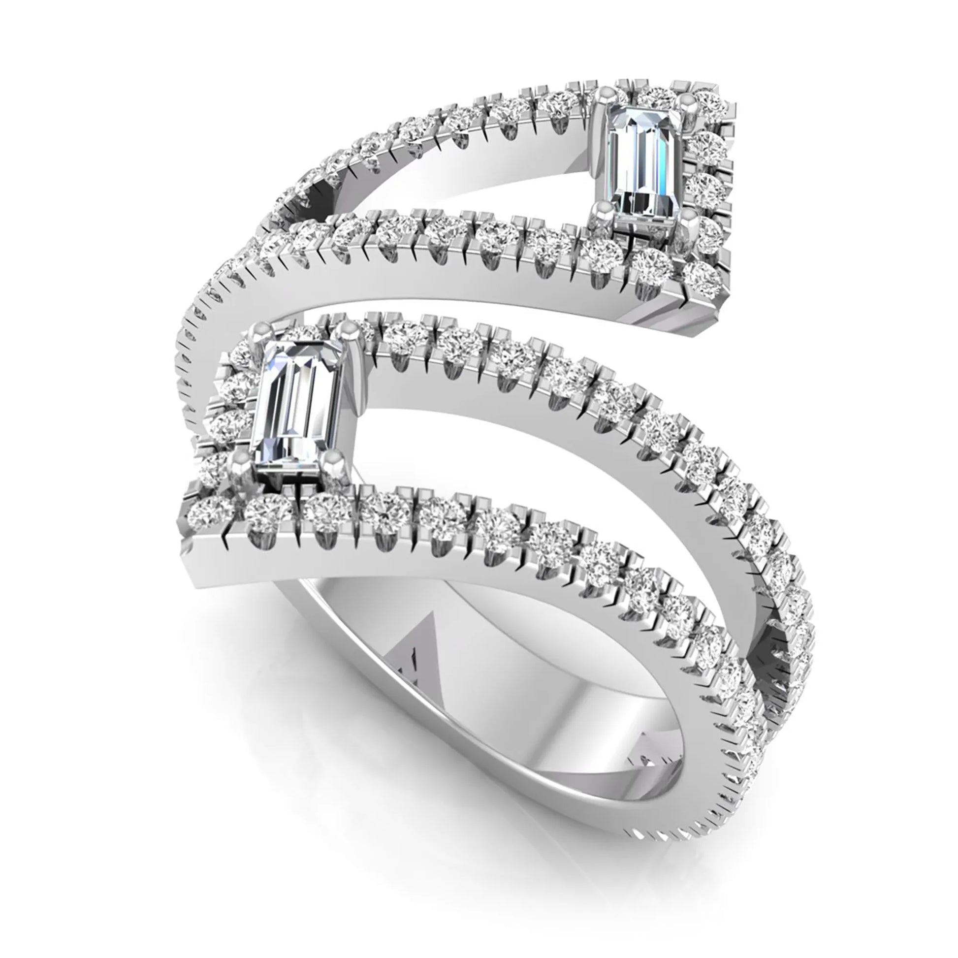 Baguette and round lab grown diamond open wrap crossover ring featuring 1.02 carats of diamonds in white gold.