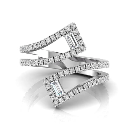 Baguette and round lab grown diamond open wrap crossover ring featuring 1.02 carats of diamonds in white gold.