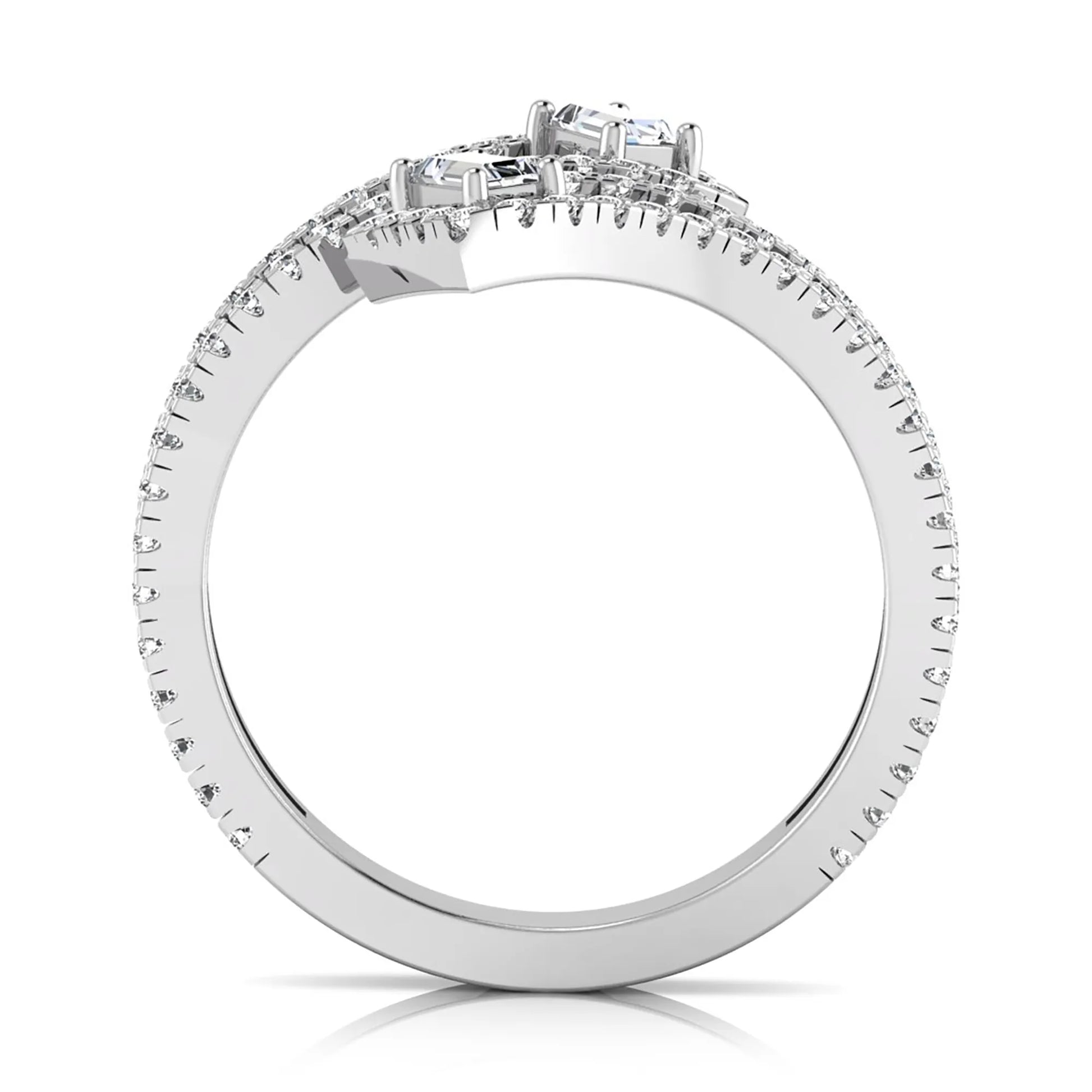 Baguette and round lab grown diamond open wrap crossover ring featuring 1.02 carats of diamonds in white gold.