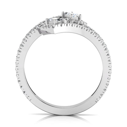 Baguette and round lab grown diamond open wrap crossover ring featuring 1.02 carats of diamonds in white gold.