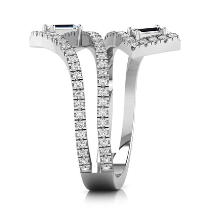 Baguette and round lab grown diamond open wrap crossover ring featuring 1.02 carats of diamonds in white gold.