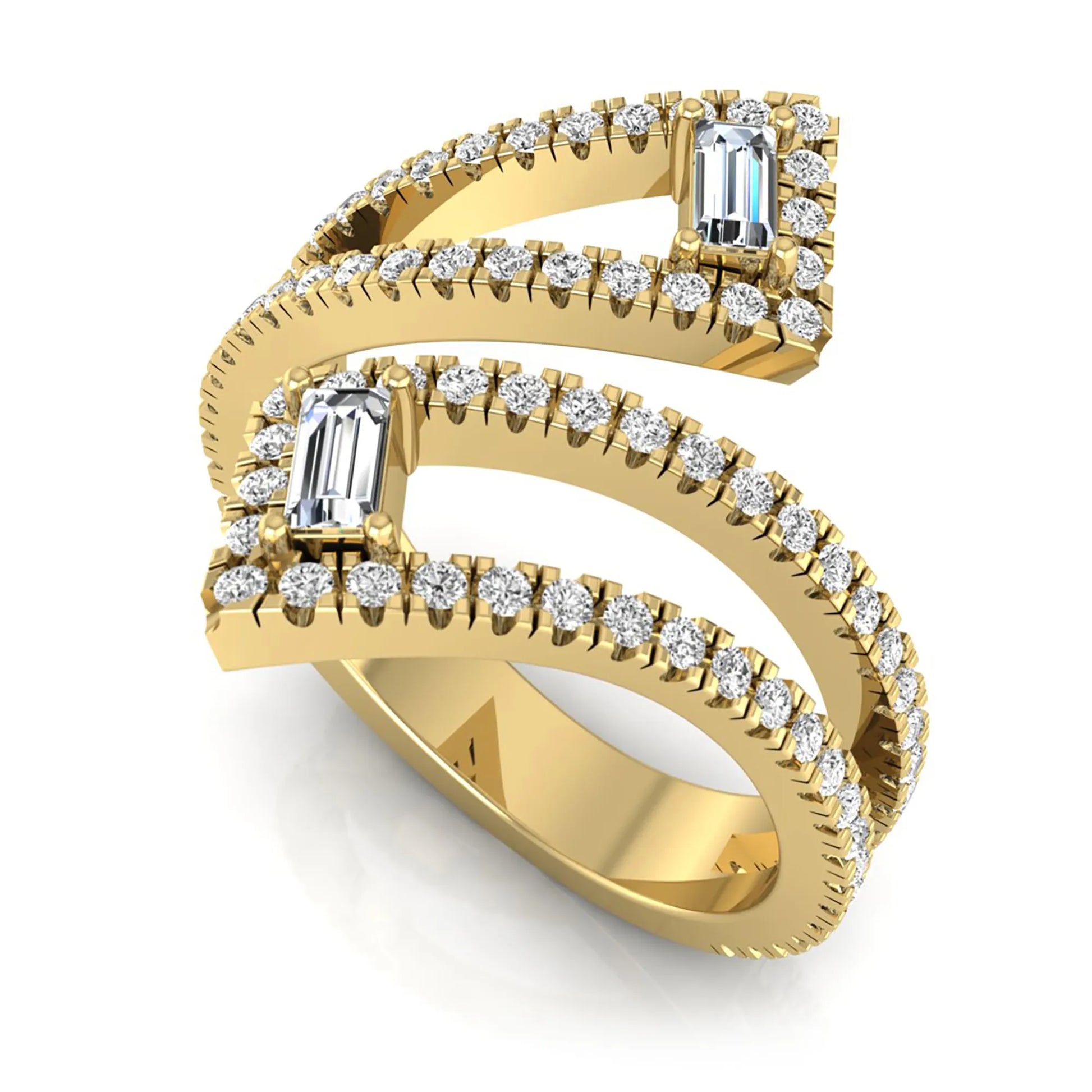 Baguette and round lab grown diamond open wrap crossover ring featuring 1.02 carats of diamonds in yellow gold.