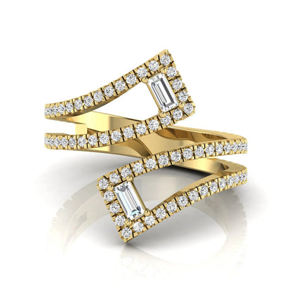 Baguette and round lab grown diamond open wrap crossover ring featuring 1.02 carats of diamonds in yellow gold.