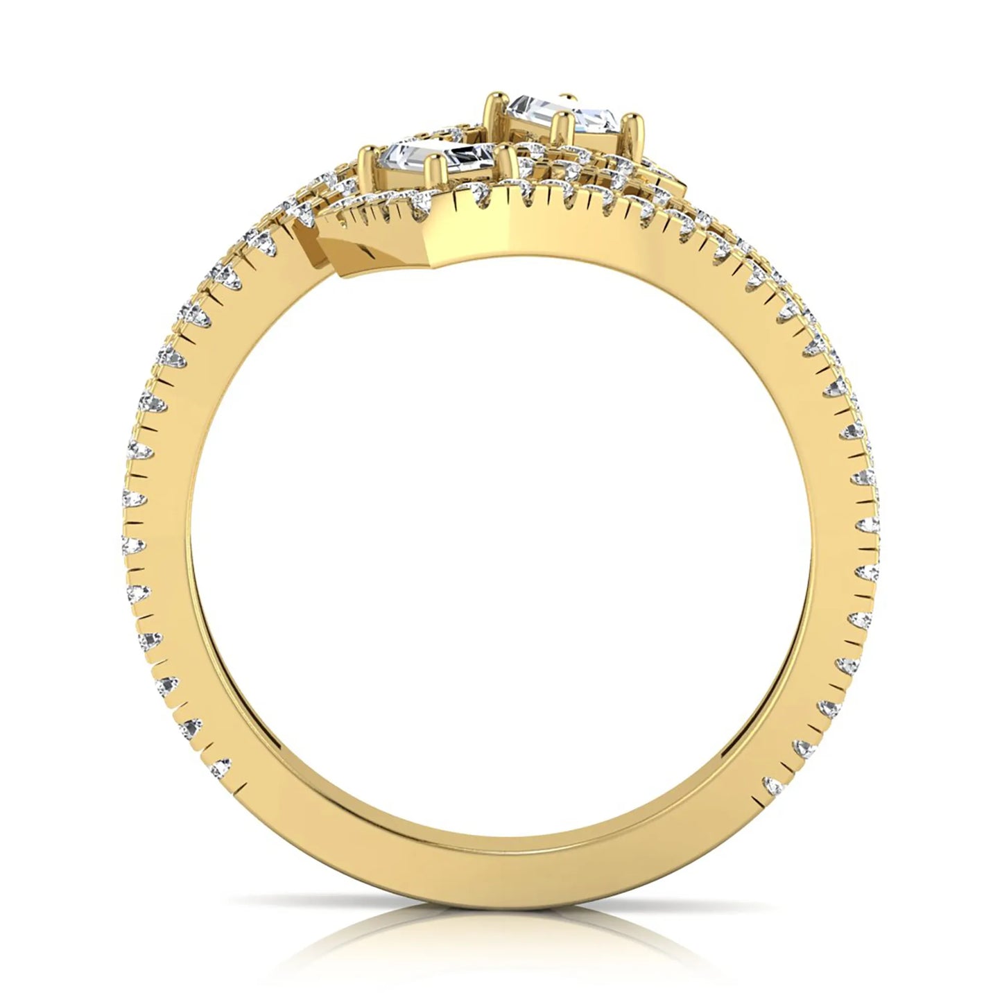 Baguette and round lab grown diamond open wrap crossover ring featuring 1.02 carats of diamonds in yellow gold.