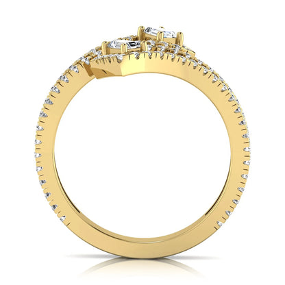 Baguette and round lab grown diamond open wrap crossover ring featuring 1.02 carats of diamonds in yellow gold.