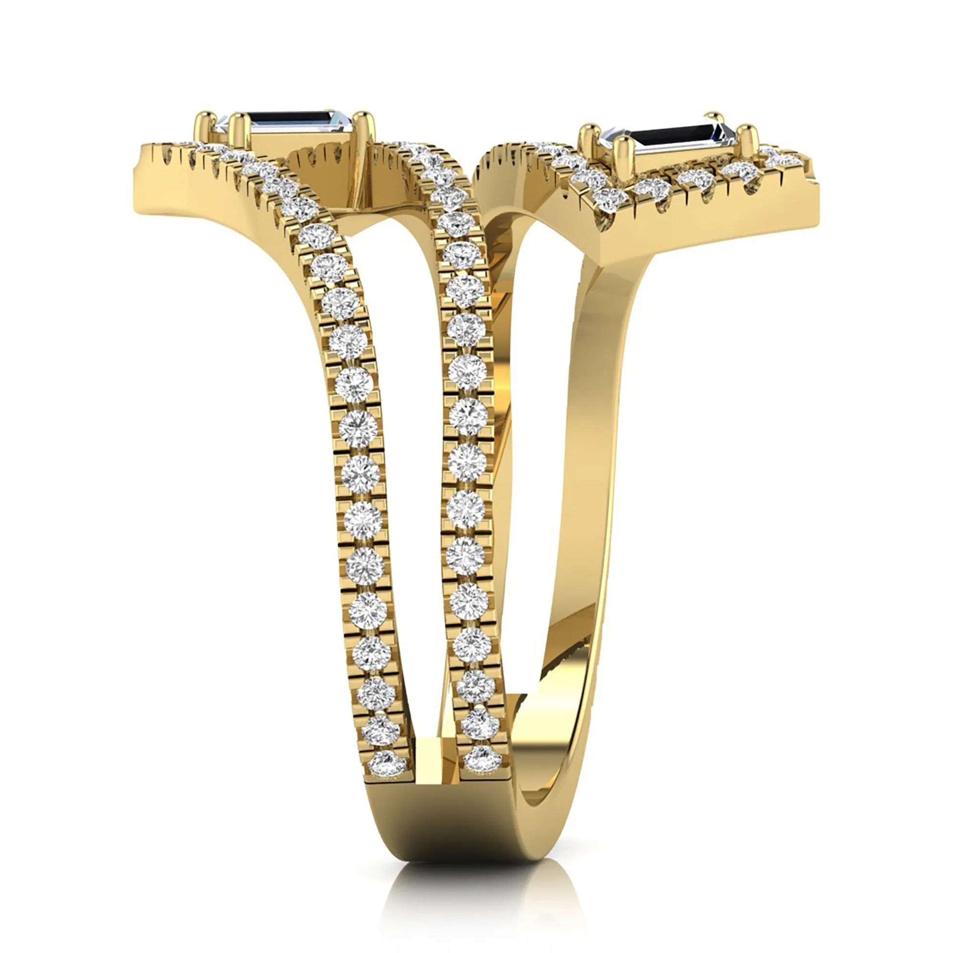 Baguette and round lab grown diamond open wrap crossover ring featuring 1.02 carats of diamonds in yellow gold.