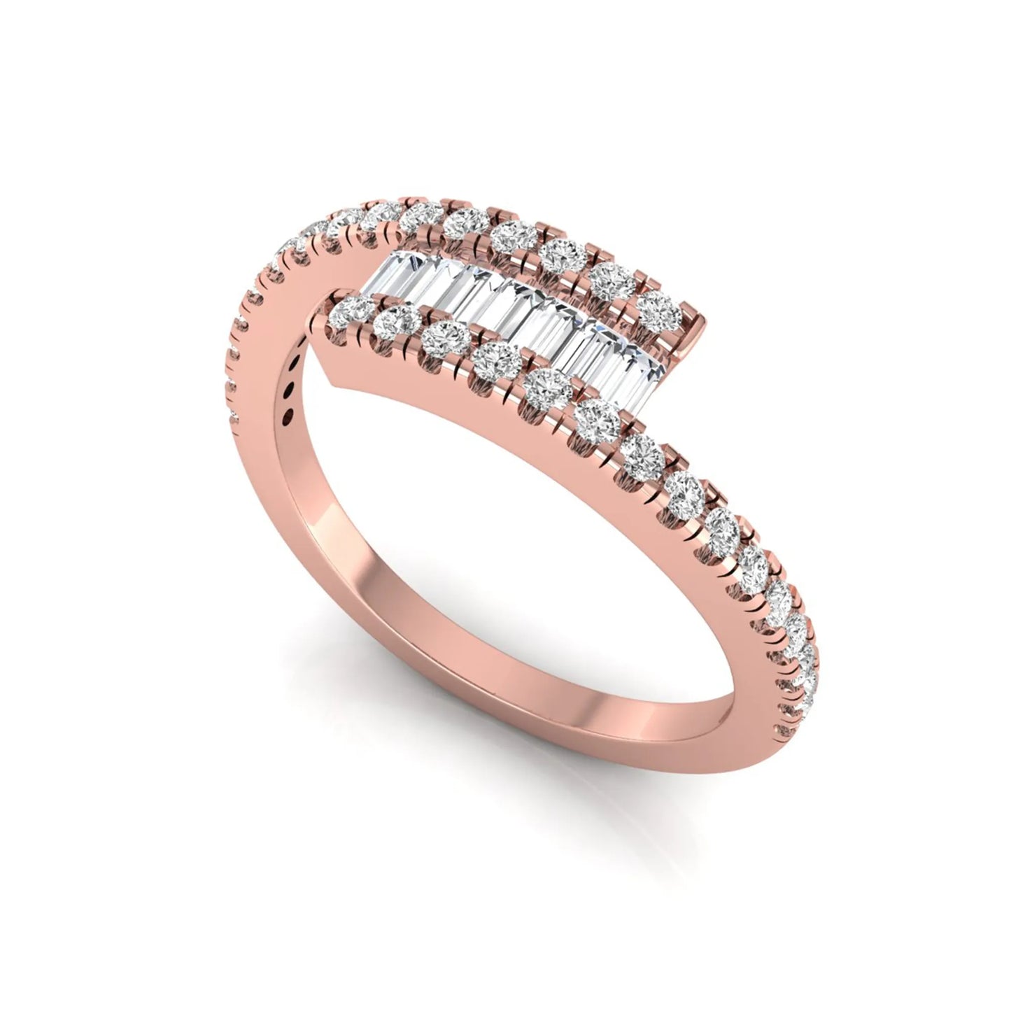 Open wrap ring featuring baguette and round lab grown diamonds in a rose gold metal finish.
