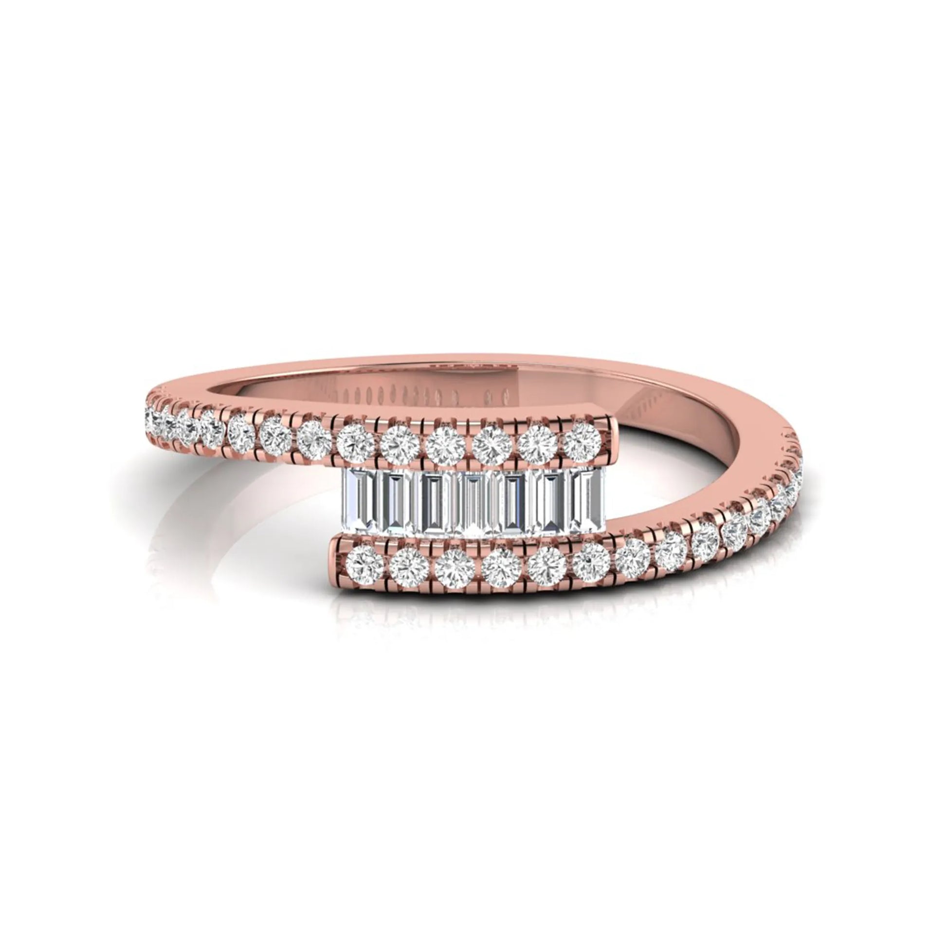 Open wrap ring featuring baguette and round lab grown diamonds in a rose gold metal finish.