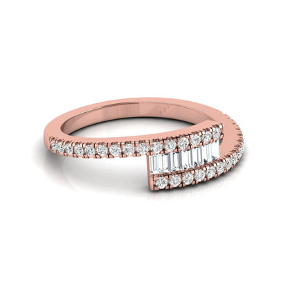 Open wrap ring featuring baguette and round lab grown diamonds in a rose gold metal finish.