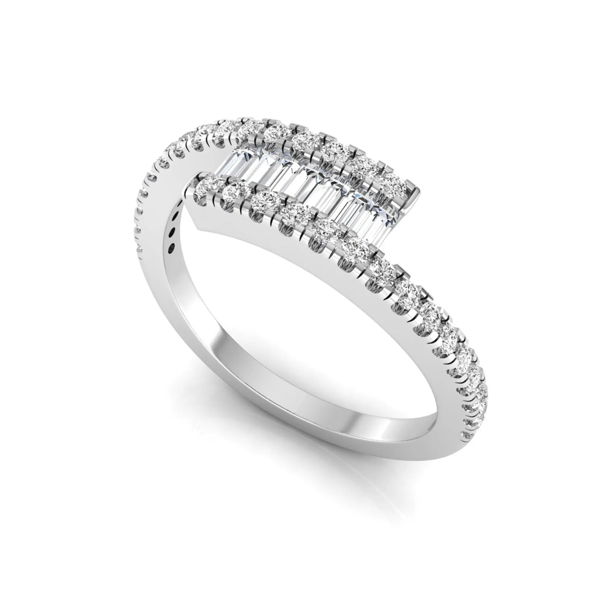 Open wrap ring featuring baguette and round lab grown diamonds in a white gold metal finish.