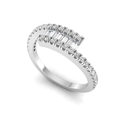Open wrap ring featuring baguette and round lab grown diamonds in a white gold metal finish.