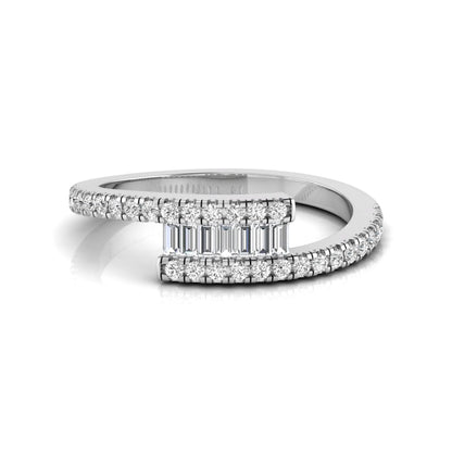 Open wrap ring featuring baguette and round lab grown diamonds in a white gold metal finish.