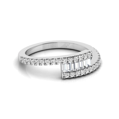 Open wrap ring featuring baguette and round lab grown diamonds in a white gold metal finish.
