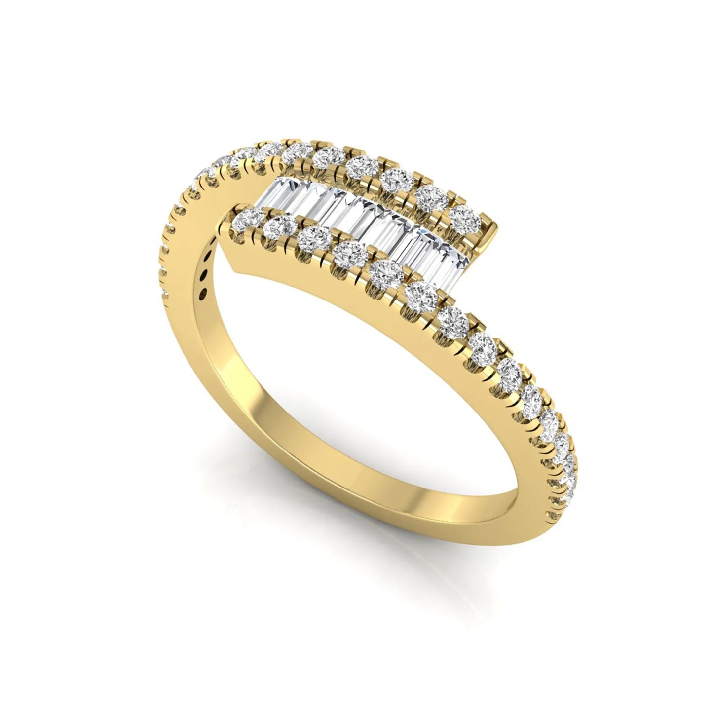 Open wrap ring featuring baguette and round lab grown diamonds in a white gold metal finish.