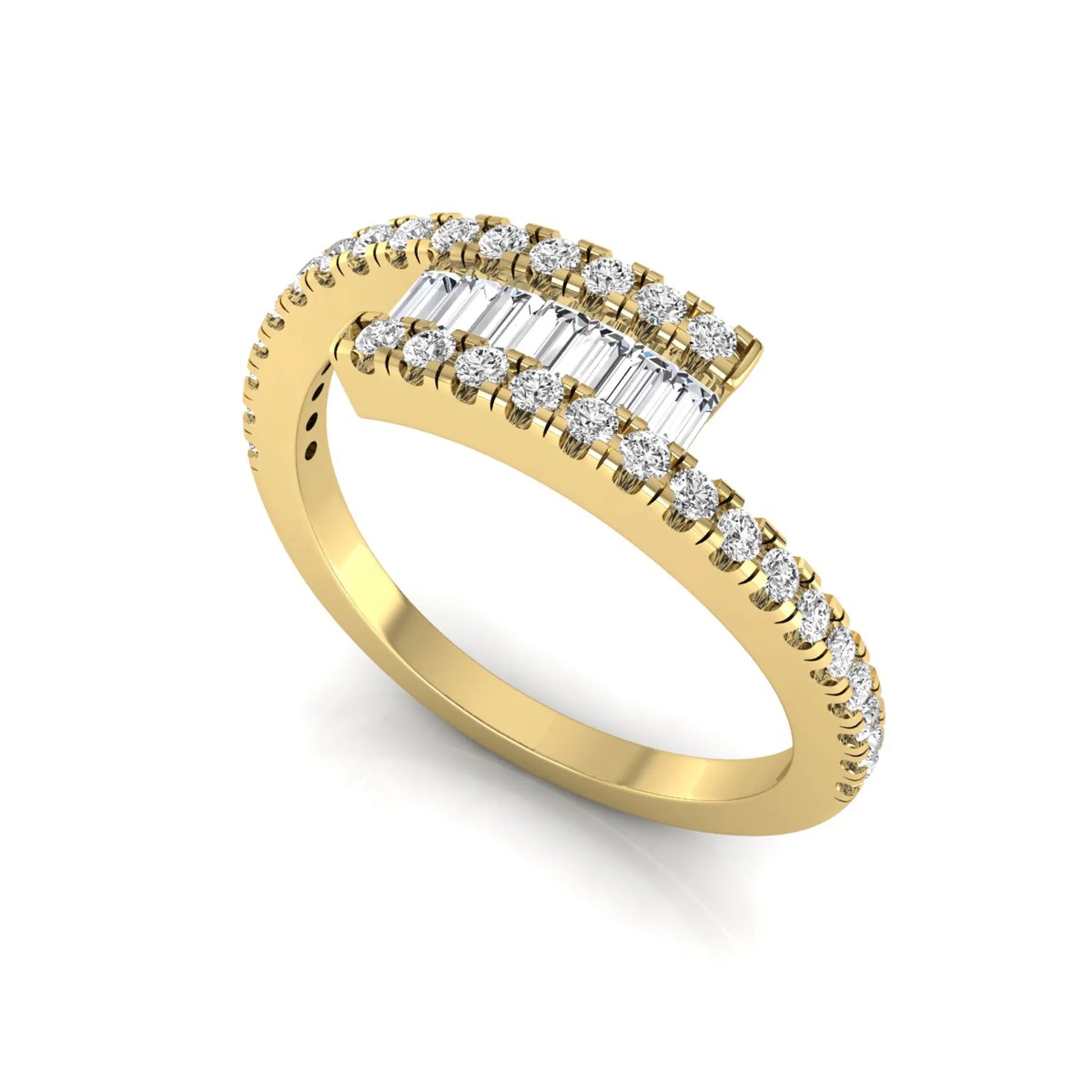 Open wrap ring featuring baguette and round lab grown diamonds in a white gold metal finish.