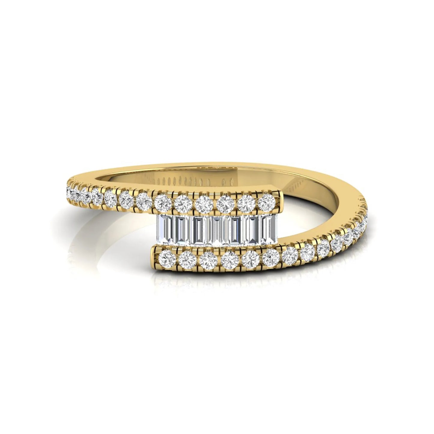 Open wrap ring featuring baguette and round lab grown diamonds in a yellow gold metal finish.