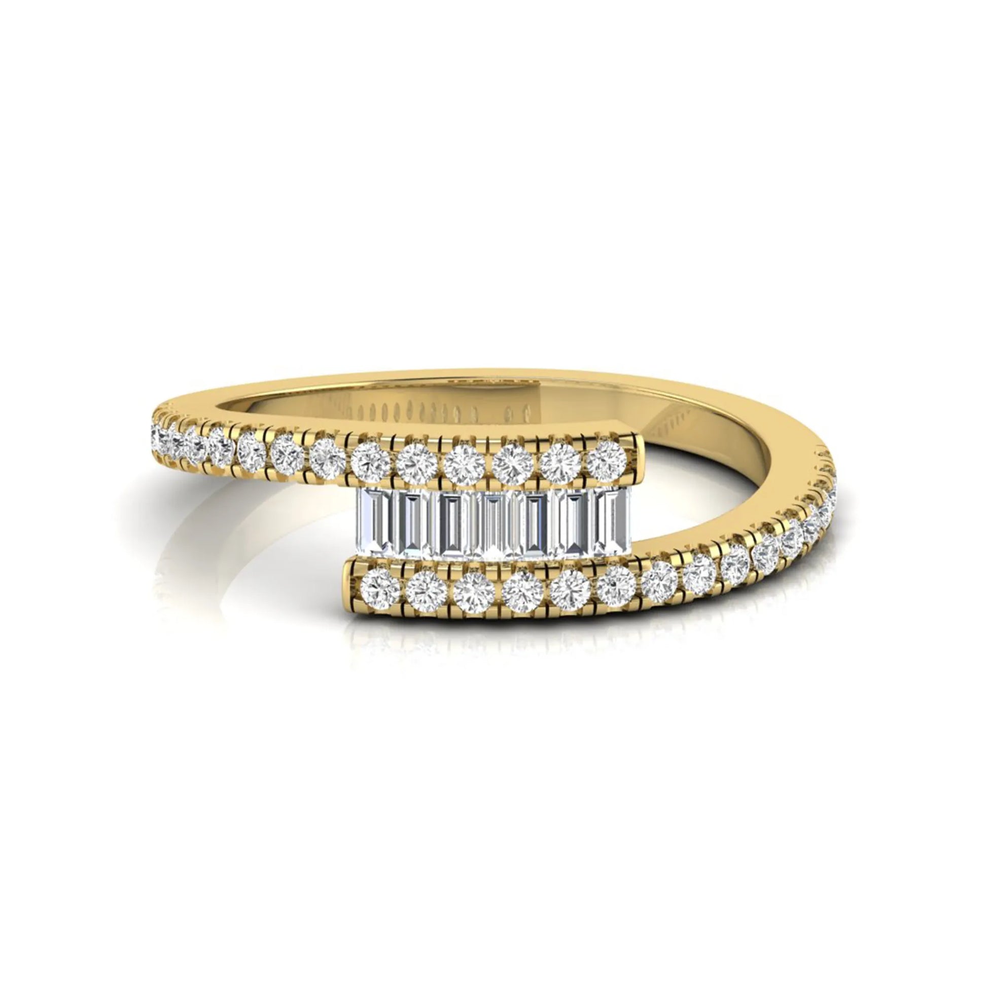 Open wrap ring featuring baguette and round lab grown diamonds in a yellow gold metal finish.