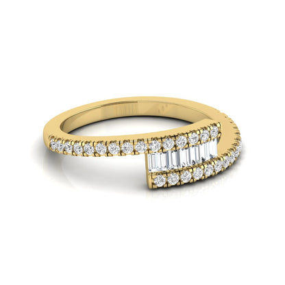 Open wrap ring featuring baguette and round lab grown diamonds in a yellow gold metal finish.