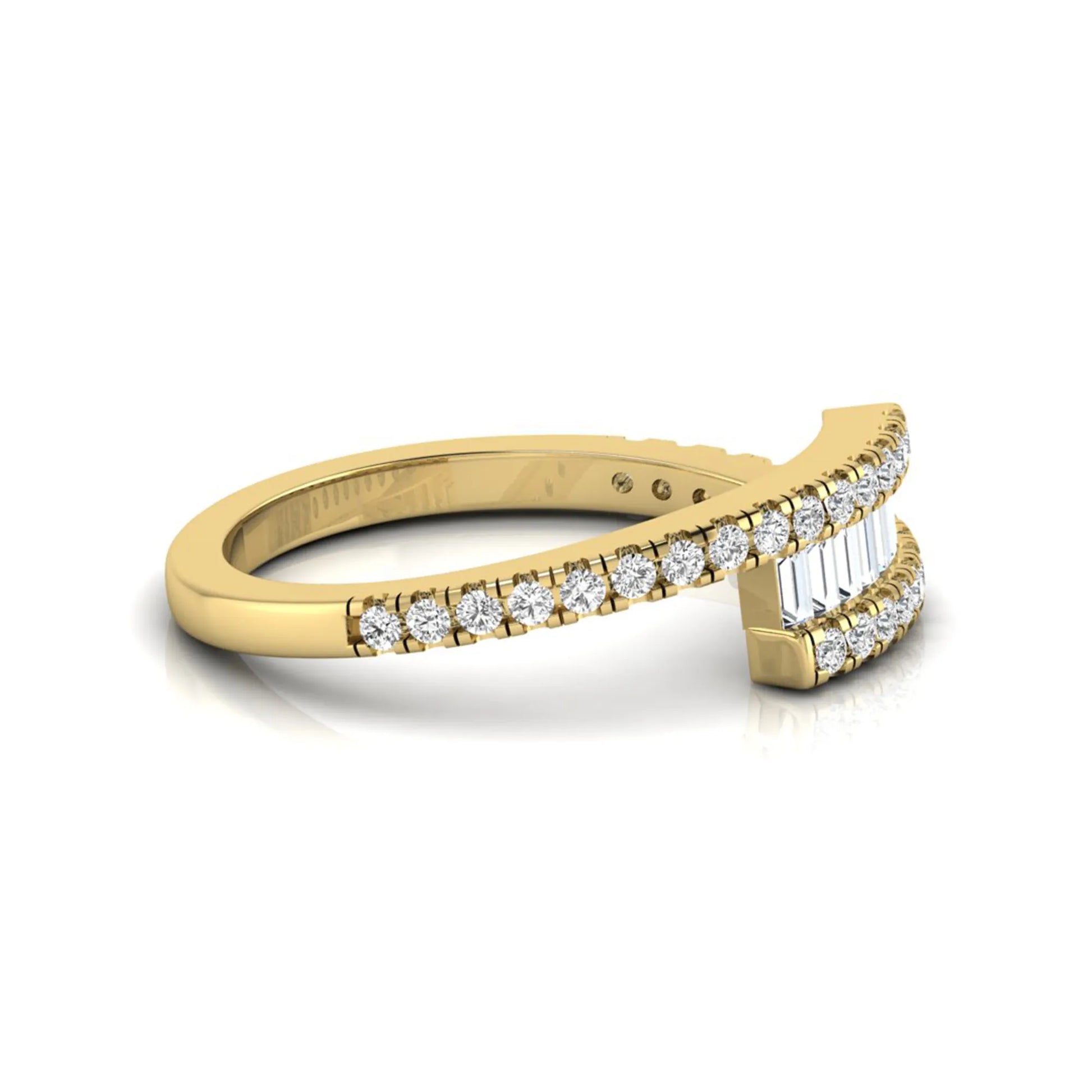 Open wrap ring featuring baguette and round lab grown diamonds in a yellow gold metal finish.