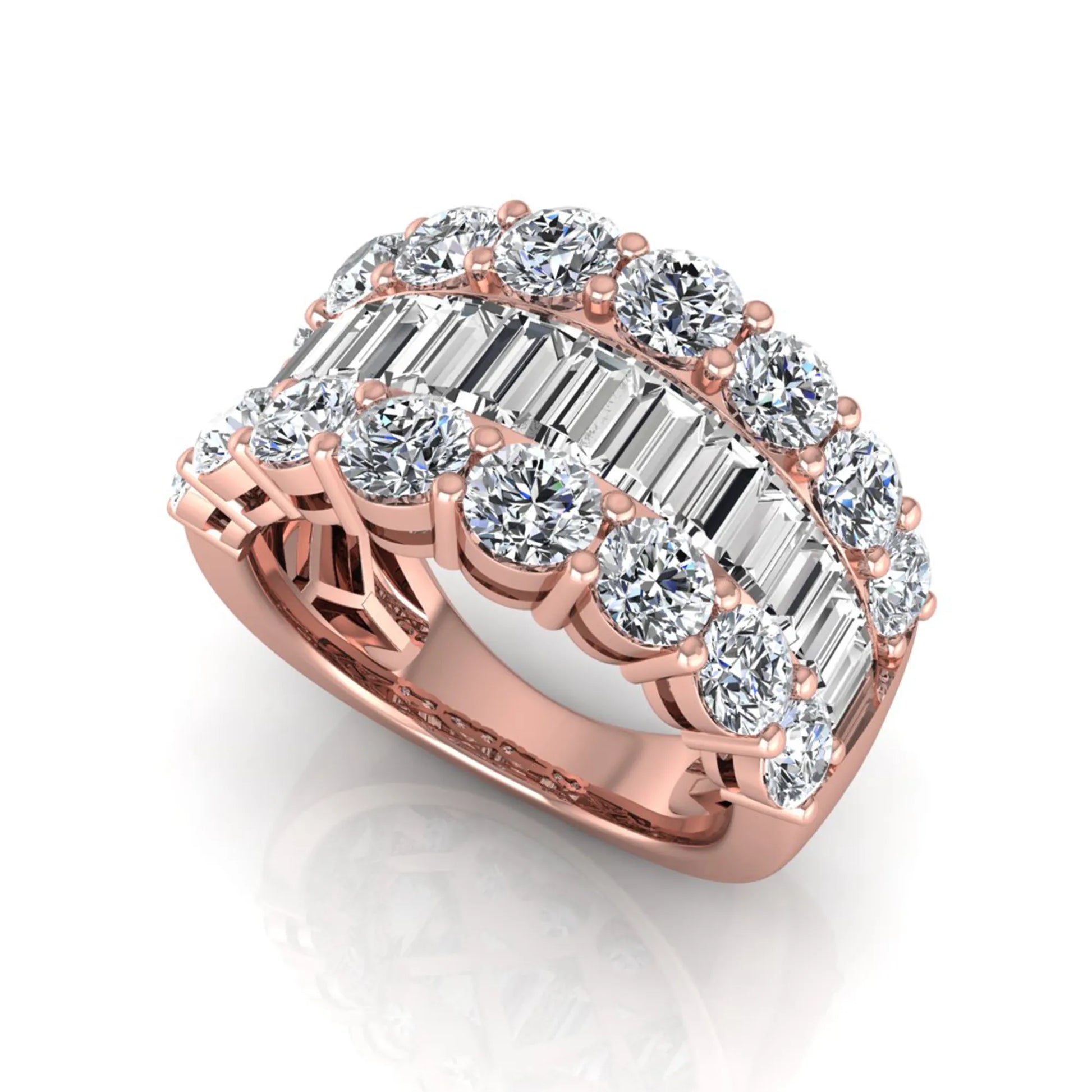 Wide band lab grown diamond ring featuring baguette cut diamonds framed by round brilliant diamonds in rose gold.