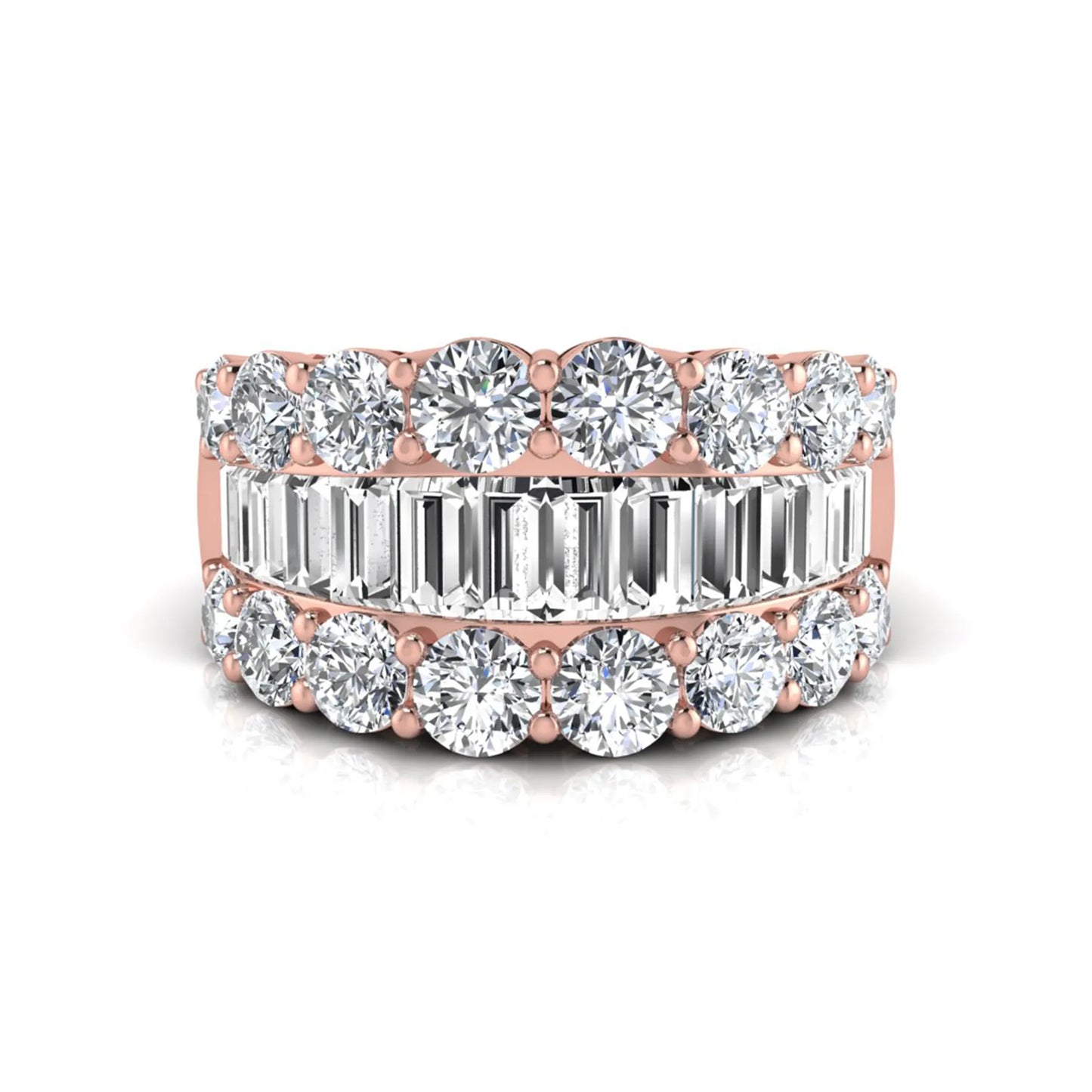 Wide band lab grown diamond ring featuring baguette cut diamonds framed by round brilliant diamonds in rose gold.