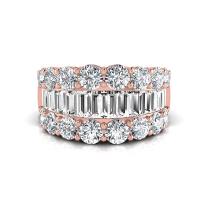 Wide band lab grown diamond ring featuring baguette cut diamonds framed by round brilliant diamonds in rose gold.