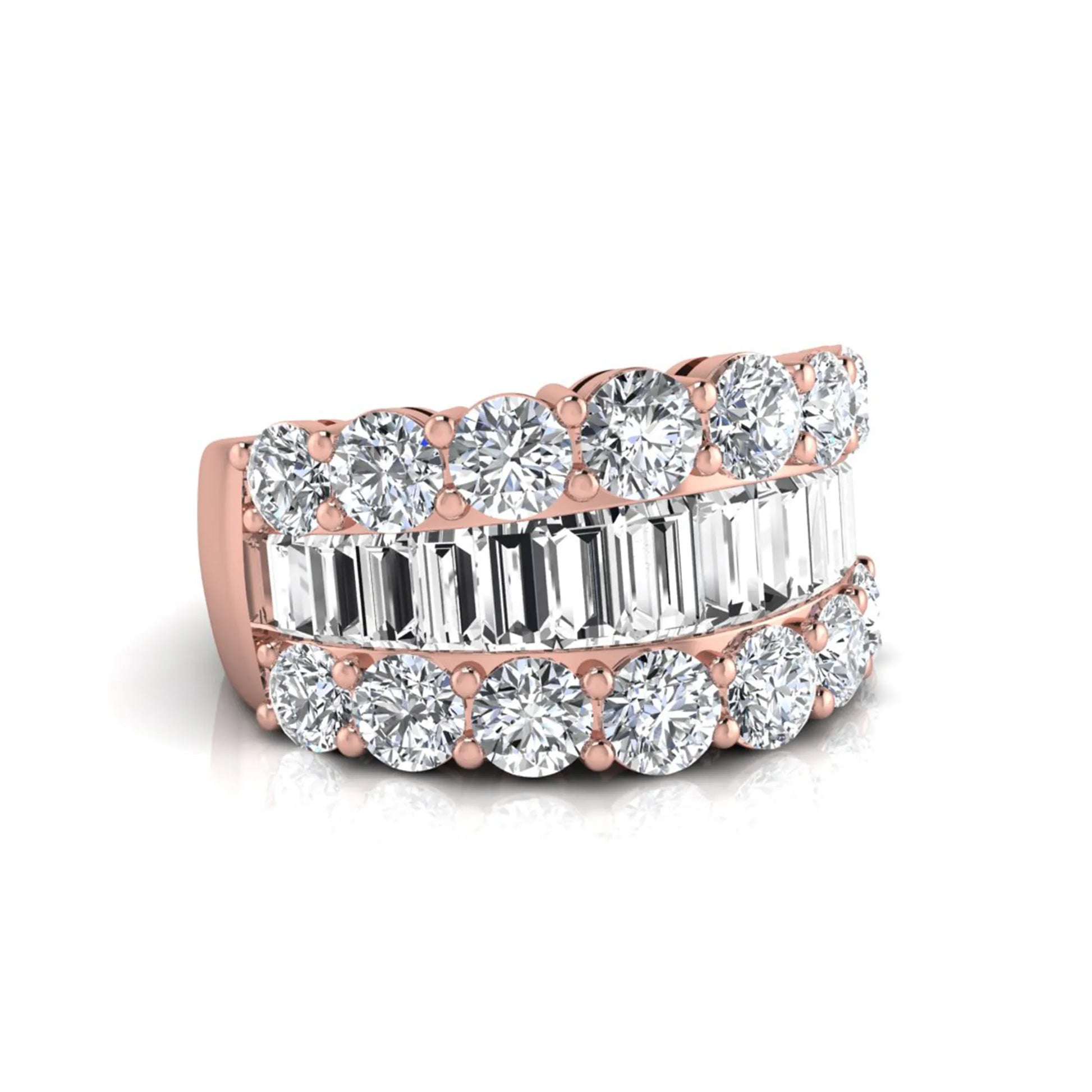 Wide band lab grown diamond ring featuring baguette cut diamonds framed by round brilliant diamonds in rose gold.