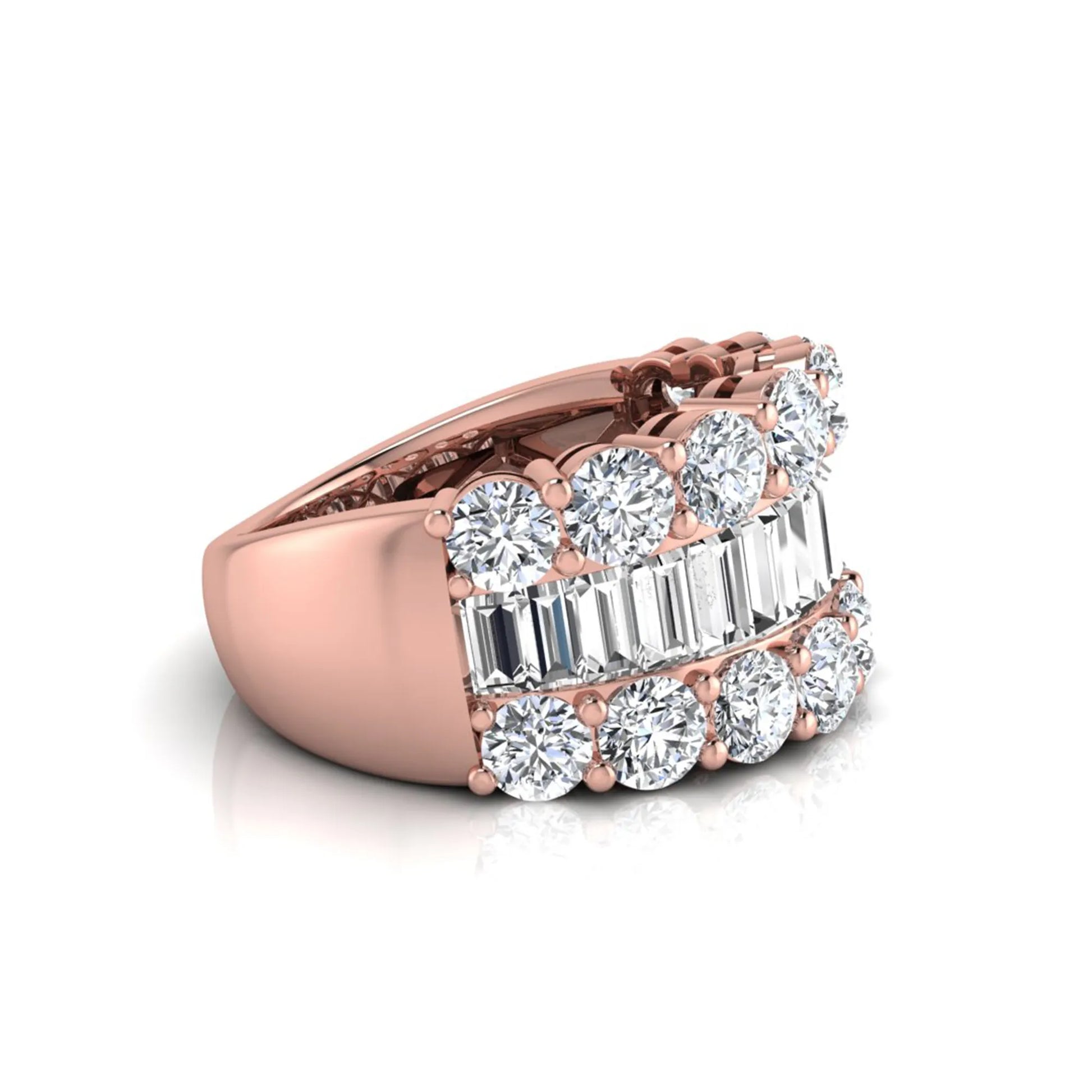 Wide band lab grown diamond ring featuring baguette cut diamonds framed by round brilliant diamonds in rose gold.