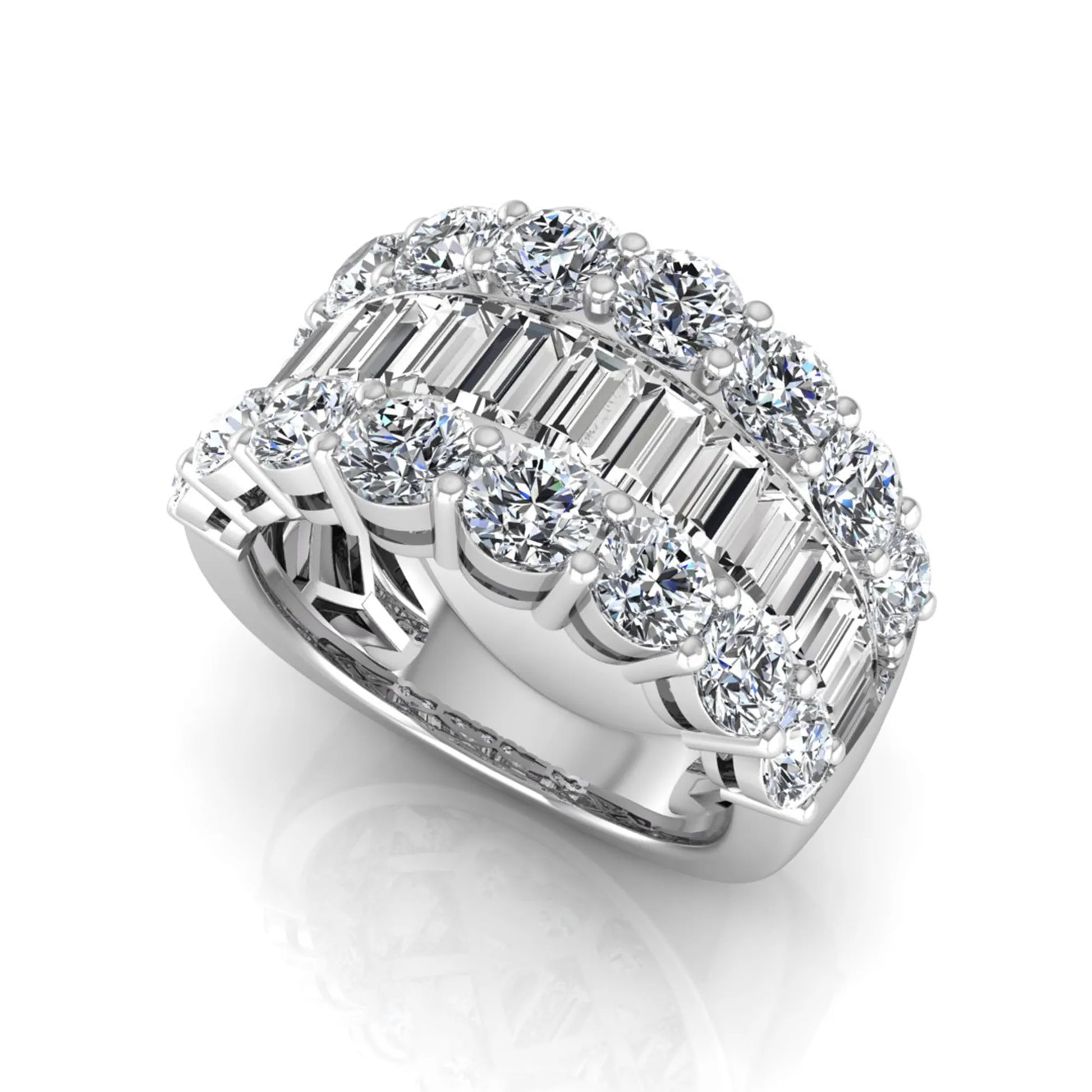 Wide band lab grown diamond ring featuring baguette cut diamonds framed by round brilliant diamonds in white gold.