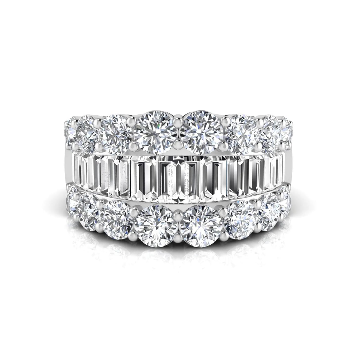 Wide band lab grown diamond ring featuring baguette cut diamonds framed by round brilliant diamonds in white gold.
