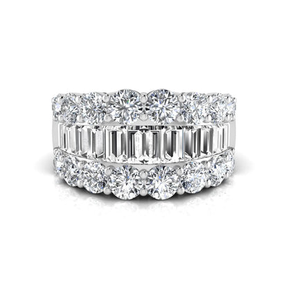 Wide band lab grown diamond ring featuring baguette cut diamonds framed by round brilliant diamonds in white gold.