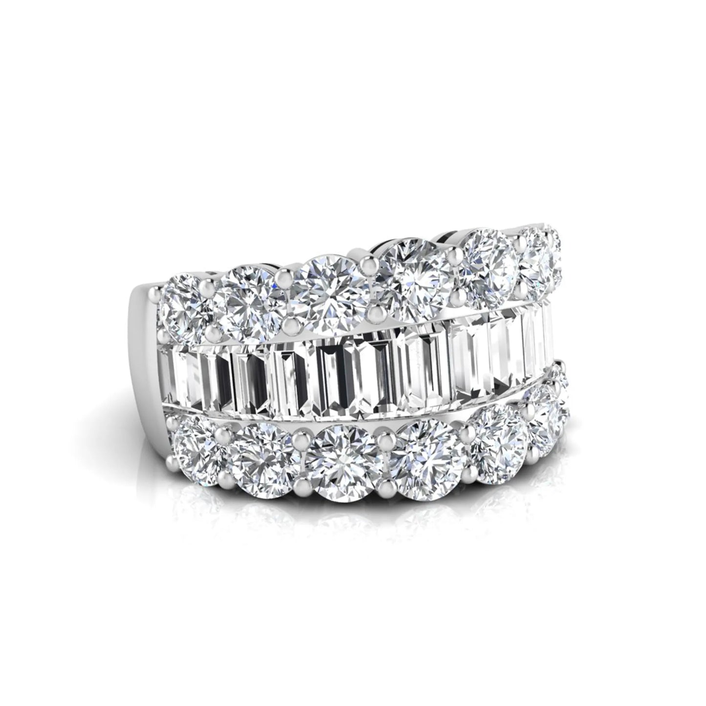 Wide band lab grown diamond ring featuring baguette cut diamonds framed by round brilliant diamonds in white gold.