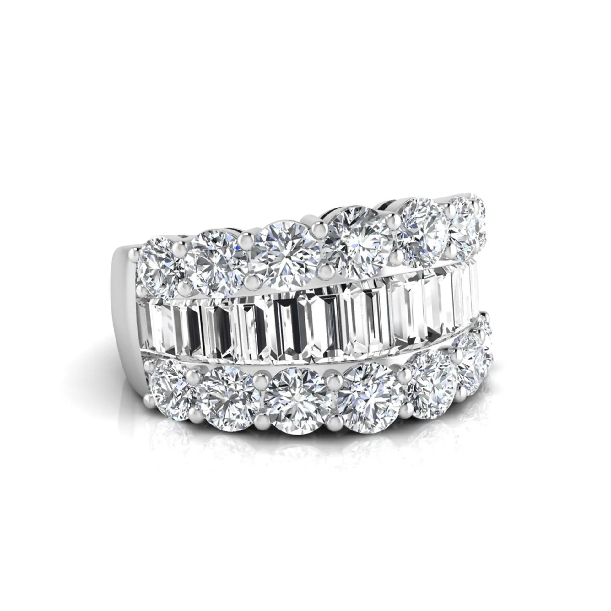 Wide band lab grown diamond ring featuring baguette cut diamonds framed by round brilliant diamonds in white gold.