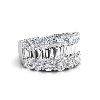 Wide band lab grown diamond ring featuring baguette cut diamonds framed by round brilliant diamonds in white gold.