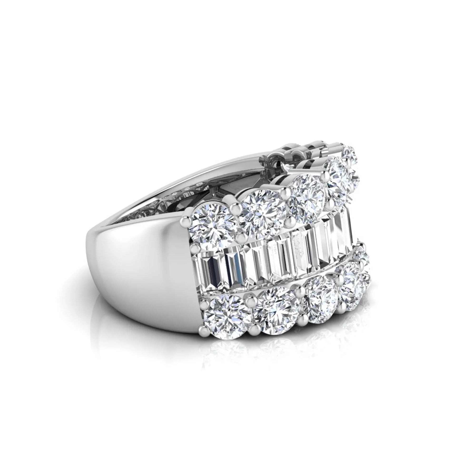 Wide band lab grown diamond ring featuring baguette cut diamonds framed by round brilliant diamonds in white gold.