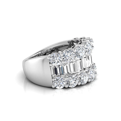 Wide band lab grown diamond ring featuring baguette cut diamonds framed by round brilliant diamonds in white gold.