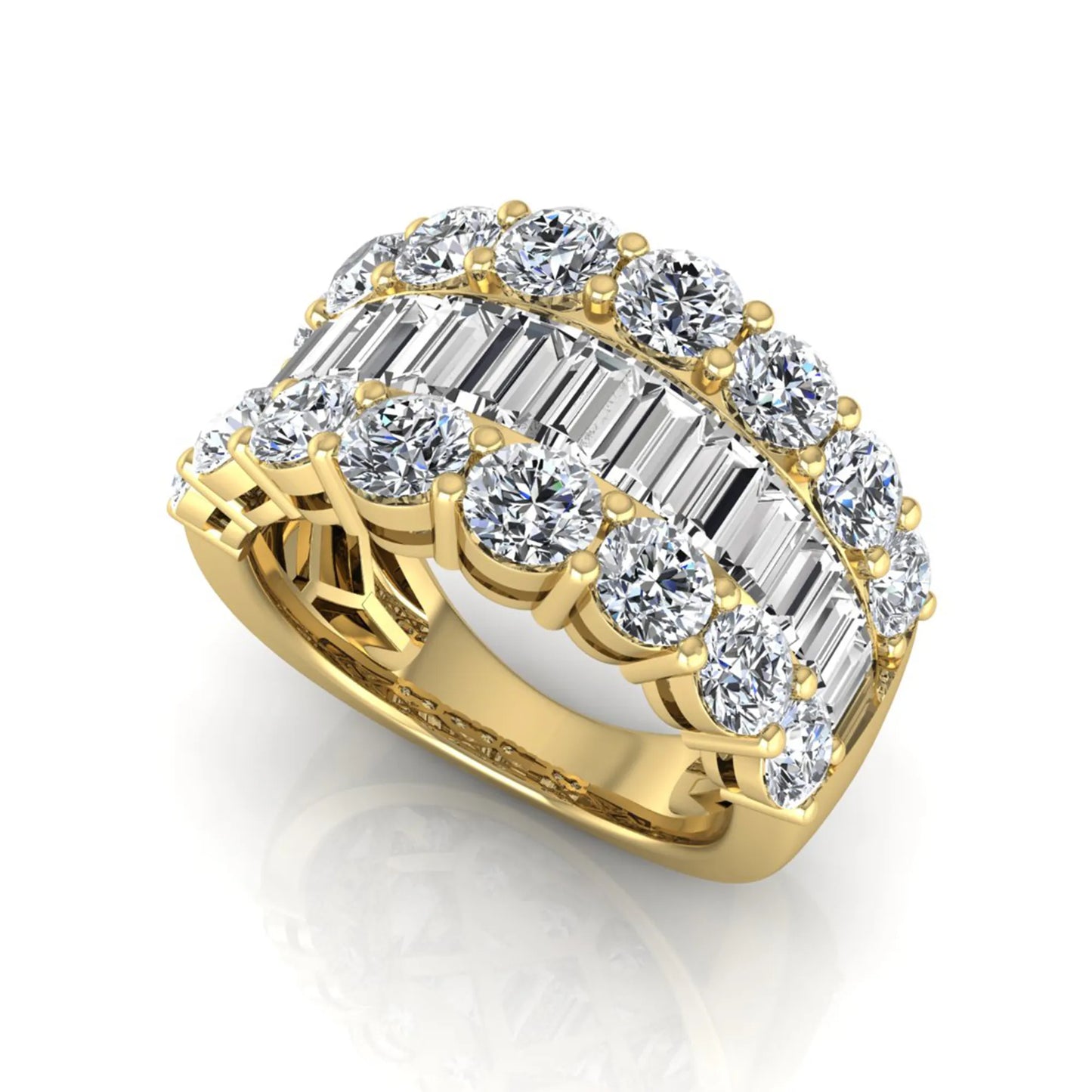 Wide band lab grown diamond ring featuring baguette cut diamonds framed by round brilliant diamonds in yellow gold.