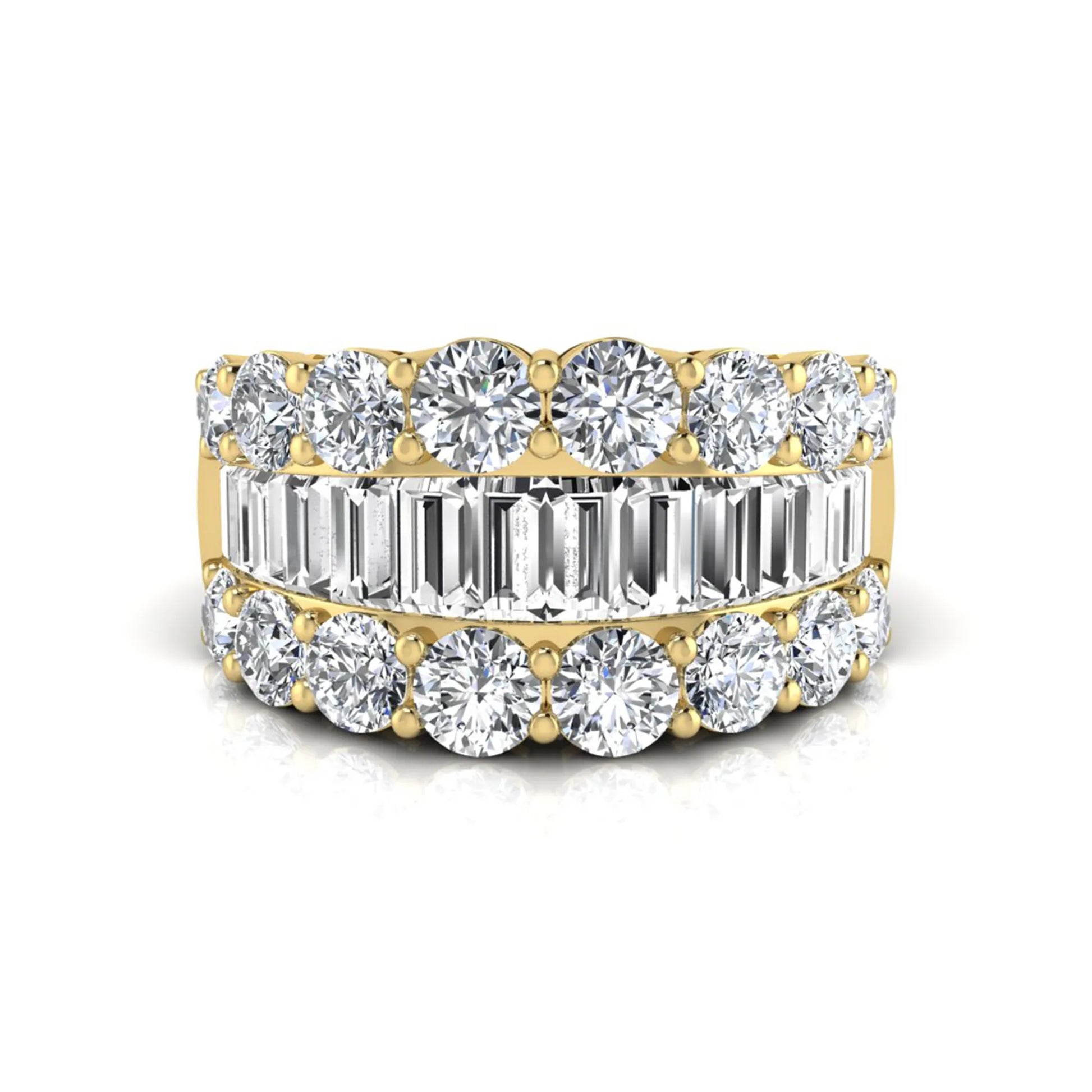 Wide band lab grown diamond ring featuring baguette cut diamonds framed by round brilliant diamonds in yellow gold.