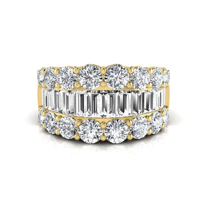 Wide band lab grown diamond ring featuring baguette cut diamonds framed by round brilliant diamonds in yellow gold.
